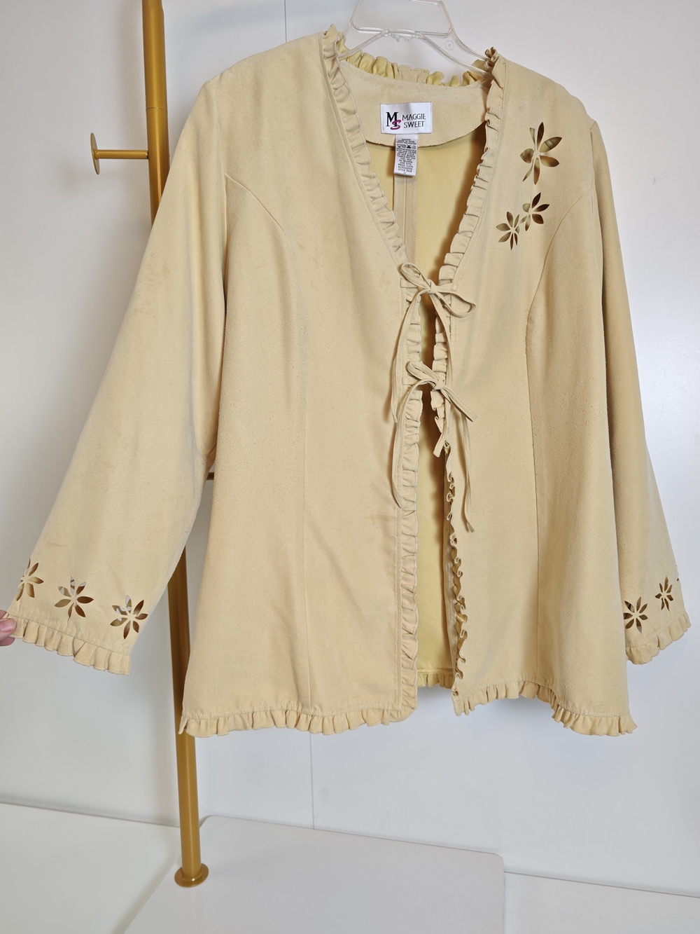 Vintage 90s Western Faux Suede Yellow Ruffle Tie-Front Cut Out Jacket Size 1X